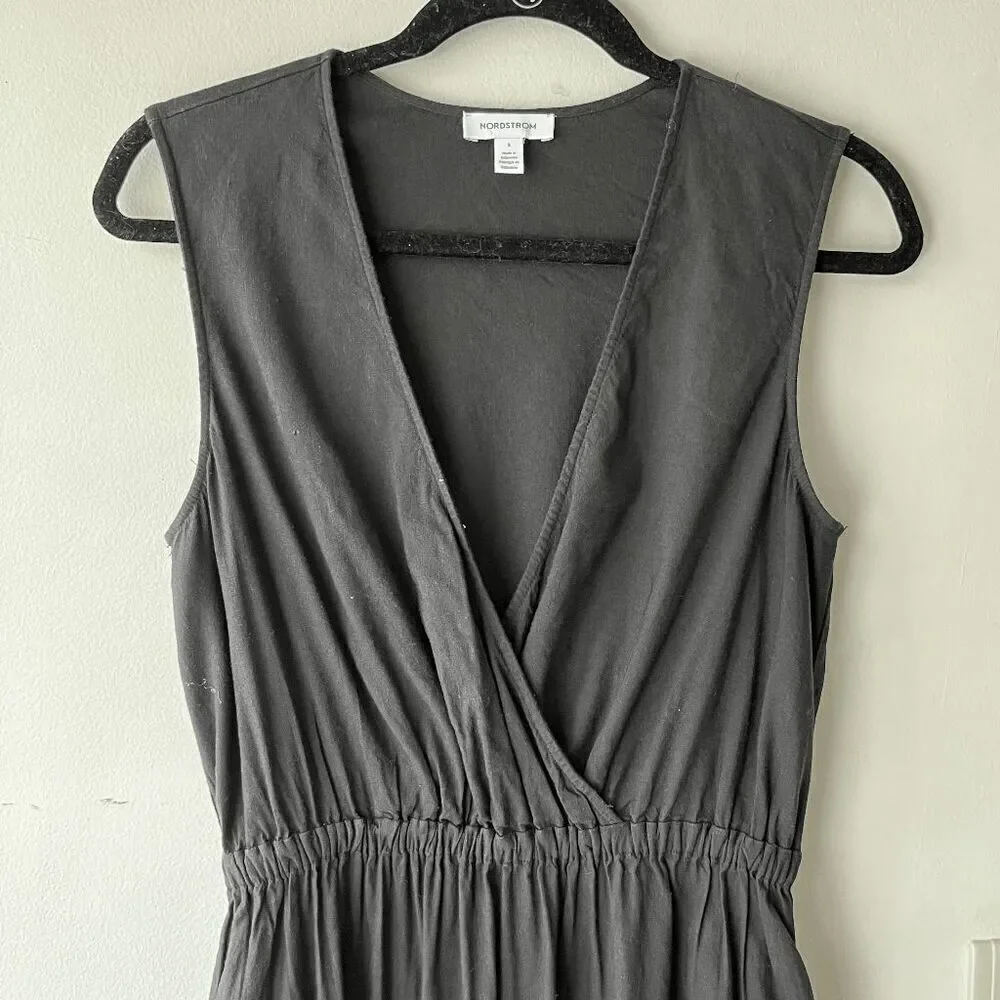 Nordstrom Black Linen Blend Sleeveless Wrap Midi Dress w/ Pockets, Size S - Picture 4 of 9